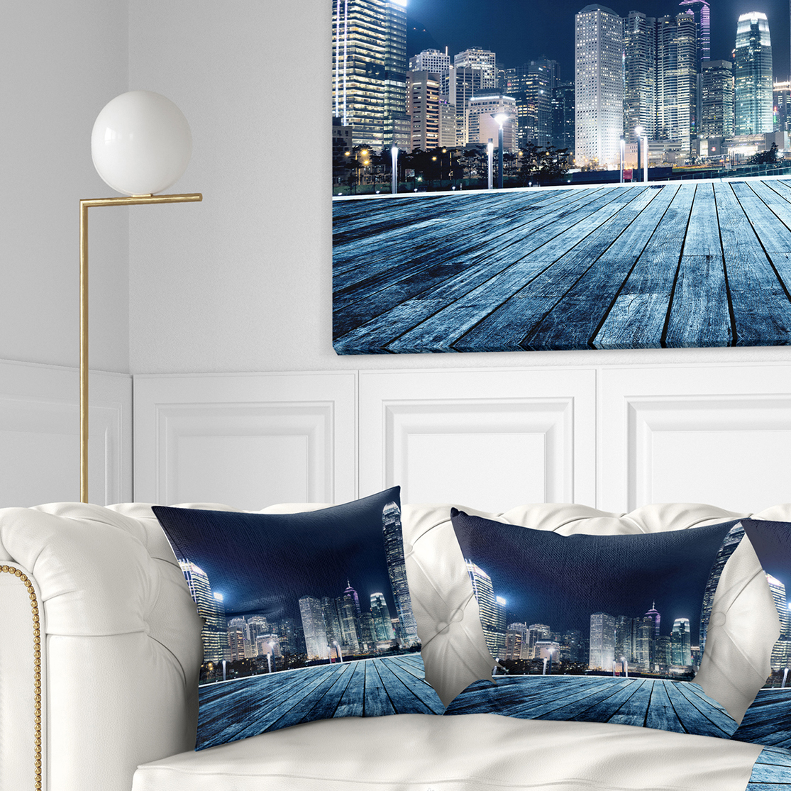 Designart Blue Hong Kong City Skyline - Cityscape Throw Pillow - 16x16