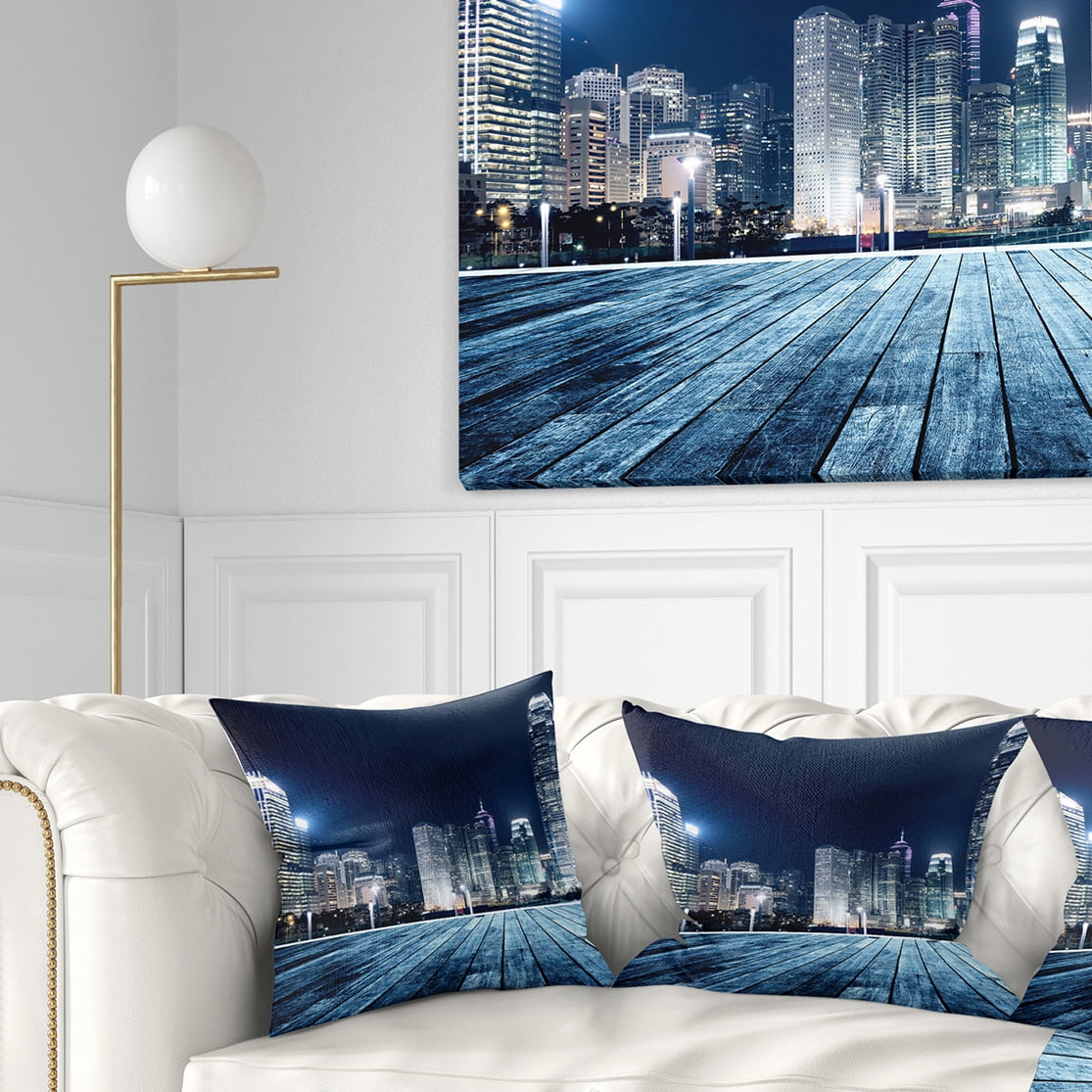 Designart Blue Hong Kong City Skyline - Cityscape Throw Pillow - 18x18