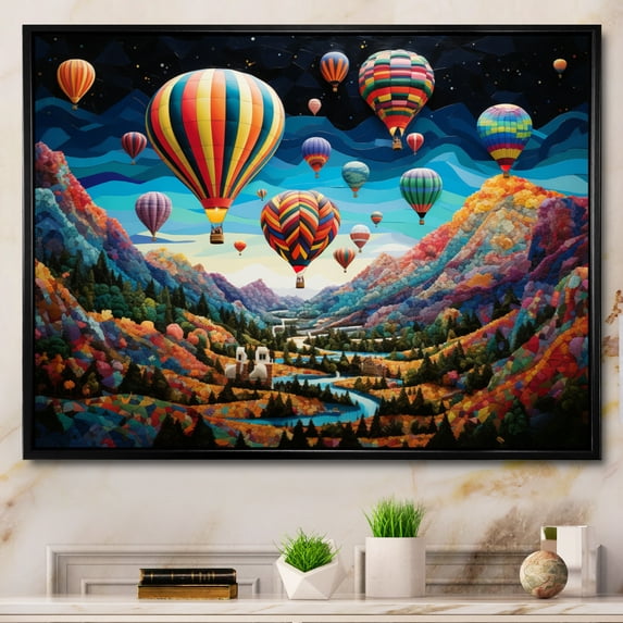Designart "Blue Hot Air Ballon Mosaic" Transportation Floater Framed Wall Art Print