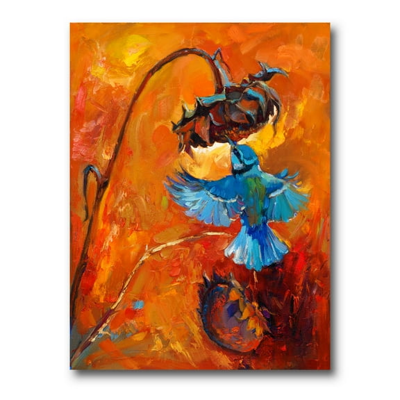 Designart ' Blue Hummingbird On Orange Sunflower ' Traditional Canvas Wall Art Print