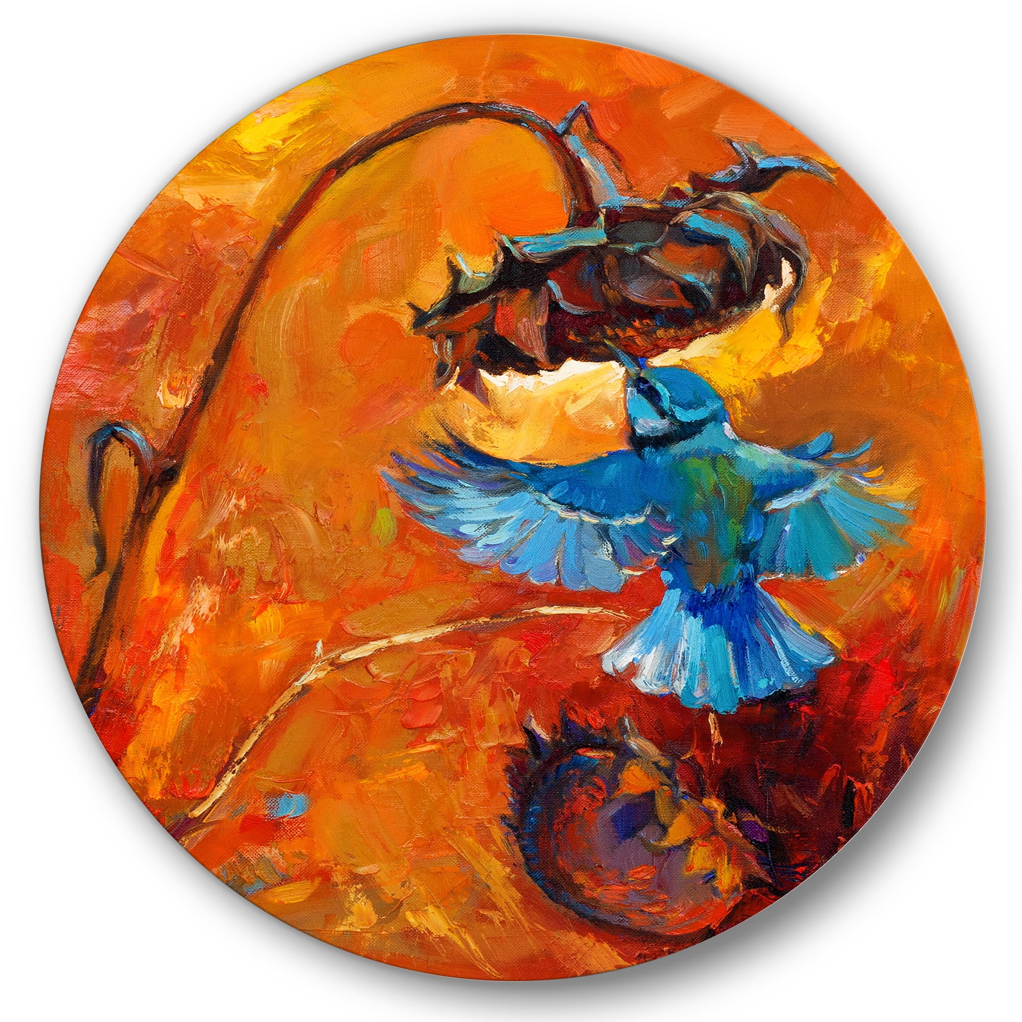 Designart 'Blue Hummingbird On Orange Sunflower' Traditional Circle Metal Wall Art 11x11 - Disc of 11
