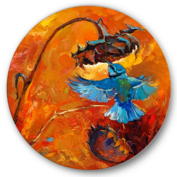 Designart 'Blue Hummingbird On Orange Sunflower' Traditional Circle Metal Wall Art 36x36 - Disc of 36