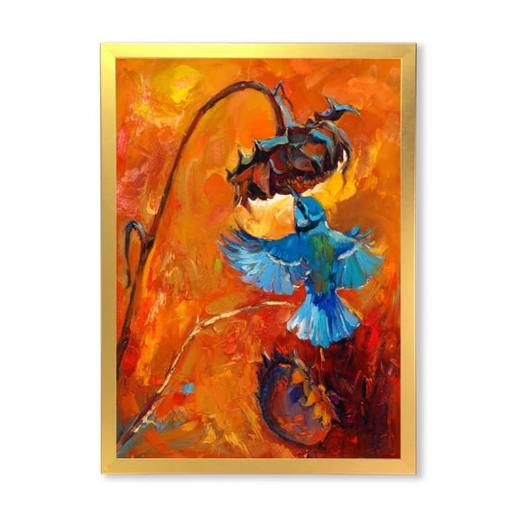 Designart 'Blue Hummingbird On Orange Sunflower' Traditional Framed Art Print