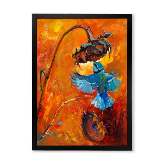 Designart 'Blue Hummingbird On Orange Sunflower' Traditional Framed Art Print