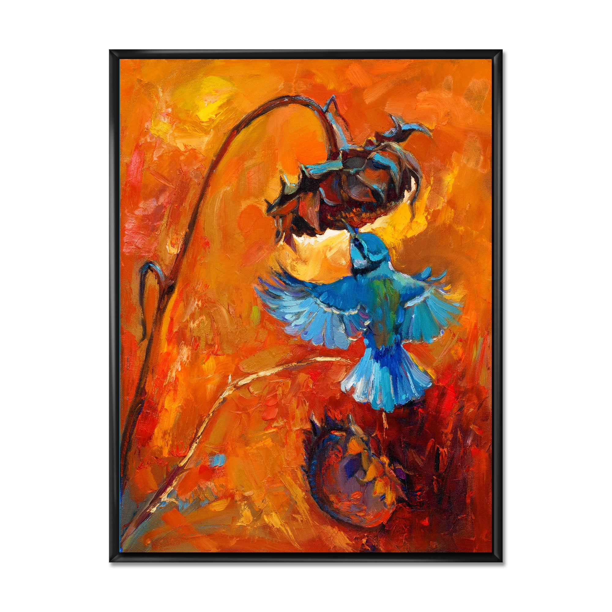 Designart 'Blue Hummingbird On Orange Sunflower' Traditional Framed Canvas Wall Art Print
