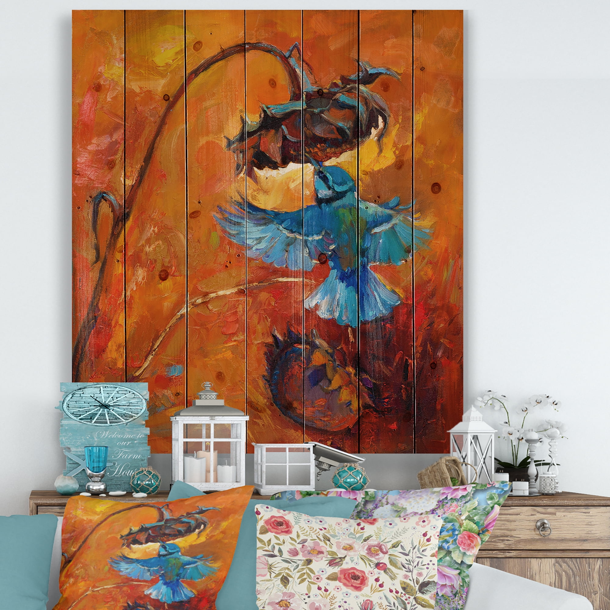 Designart 'Blue Hummingbird On Orange Sunflower' Traditional Print on Natural Pine Wood