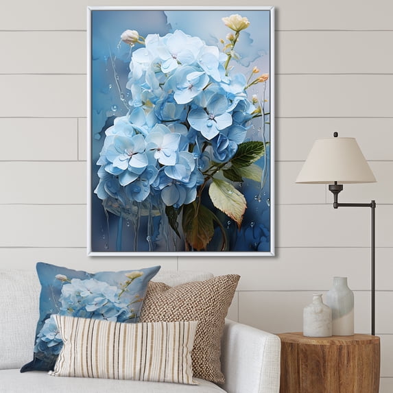 Designart "Blue Hydrangea Subtle Charm" Floral Floater Framed Wall Art Print