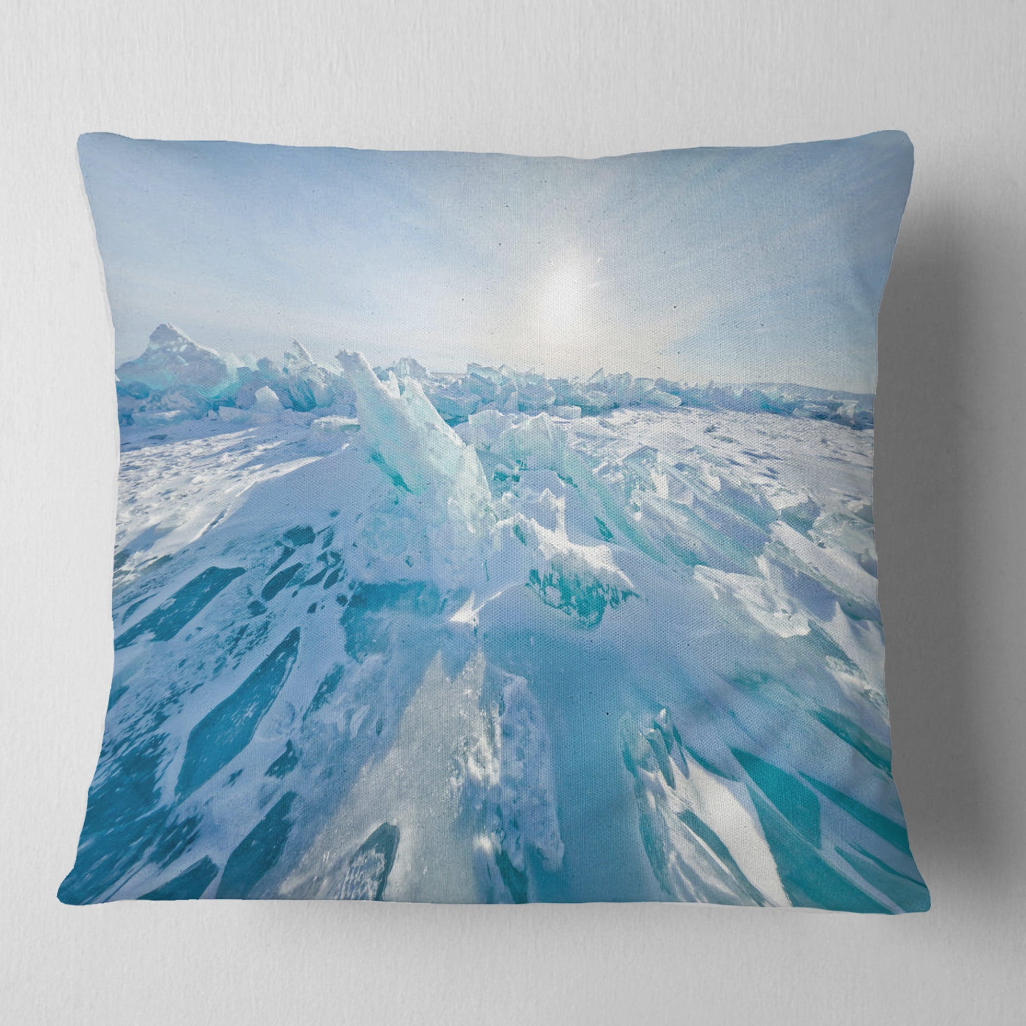 Designart Blue Ice Hummocks Baikal Panorama - Landscape Printed Throw Pillow - 16x16