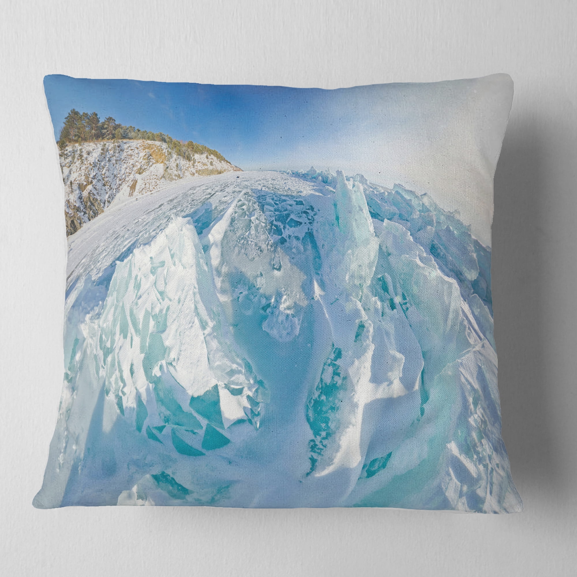 Designart Blue Ice Mountains in Lake Baikal Siberia - Landscape Printed Throw Pillow - 18x18