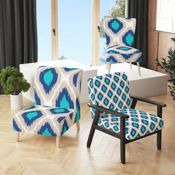 Designart "Blue Ikat Ogee" Upholstered Patterned Accent Chair and Arm Chair
