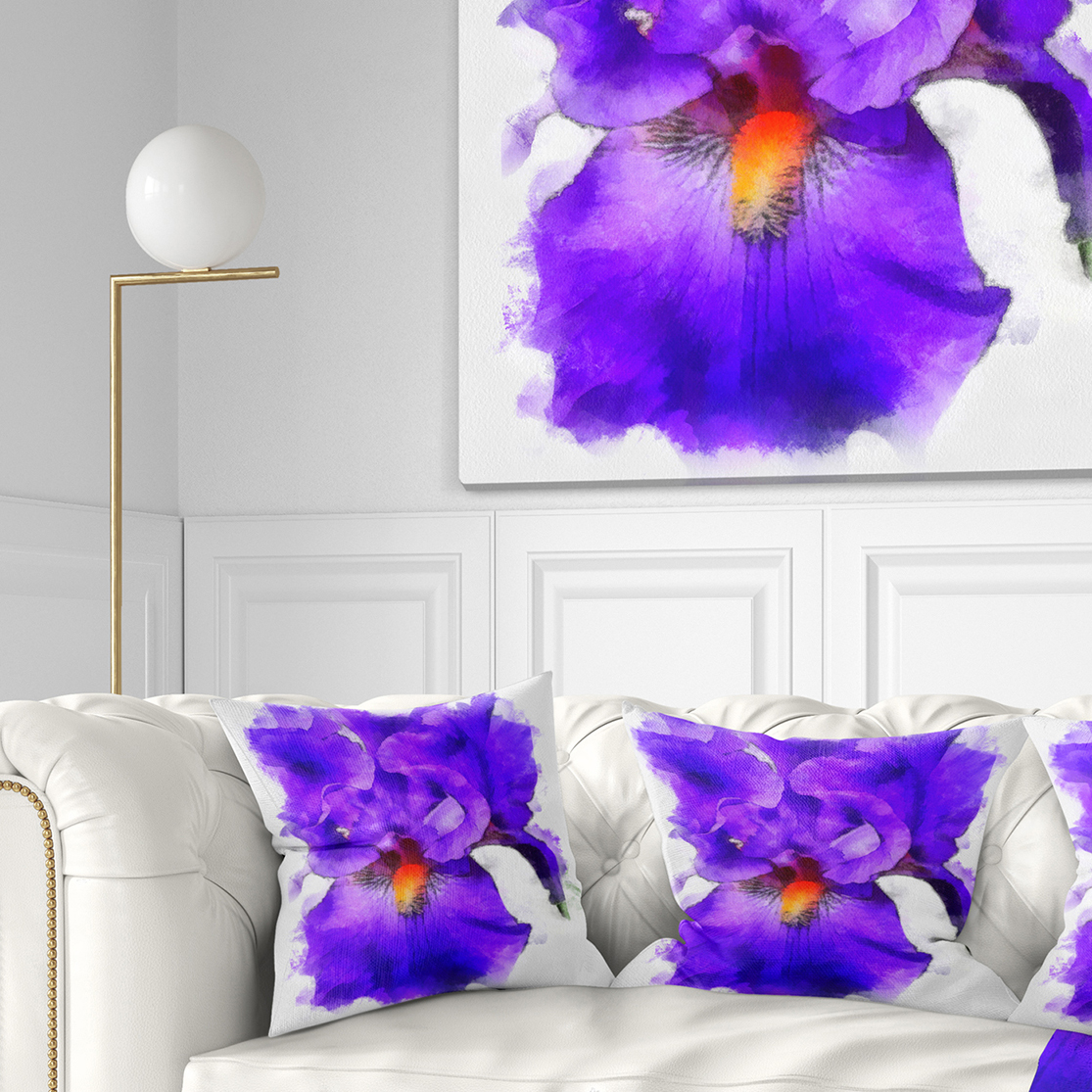 Designart Blue Iris Flower Sketch Watercolor - Floral Throw Pillow - 16x16
