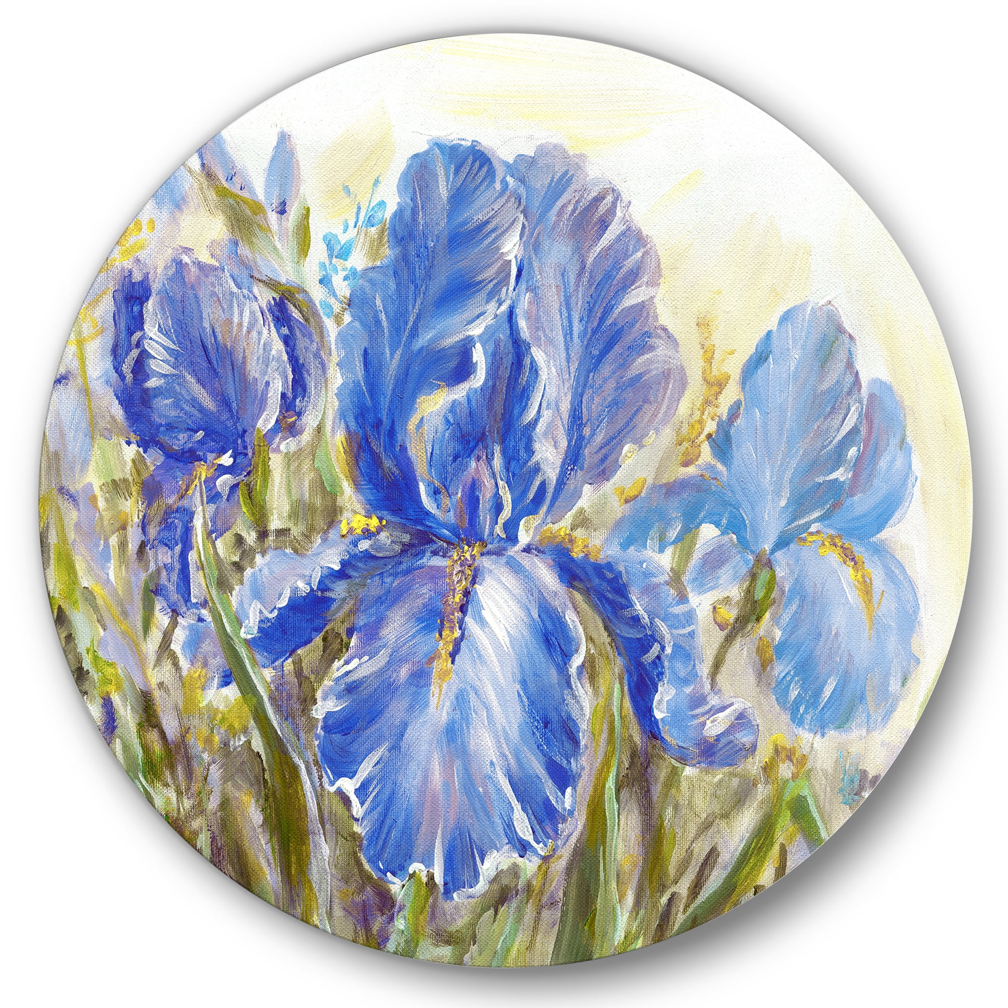 Designart 'Blue Irises Blossoming Flowers' Traditional Circle Metal Wall Art 36x36 - Disc of 36