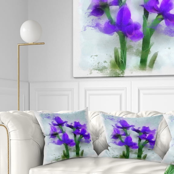 Designart Blue Irises Illustration Watercolor - Floral Throw Pillow - 18x18