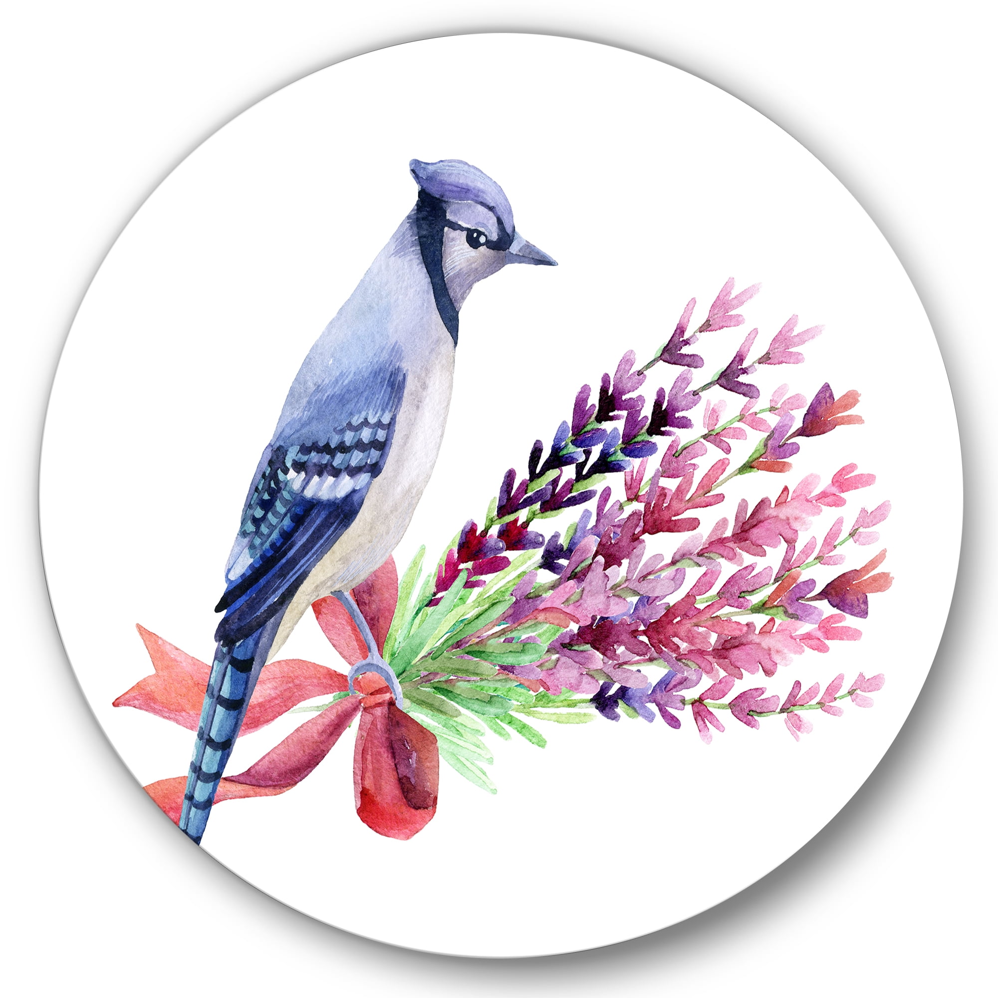 Designart 'Blue Jay Bird On Bouquet Of Pink Flowers' Traditional Circle Metal Wall Art 11x11 - Disc of 11