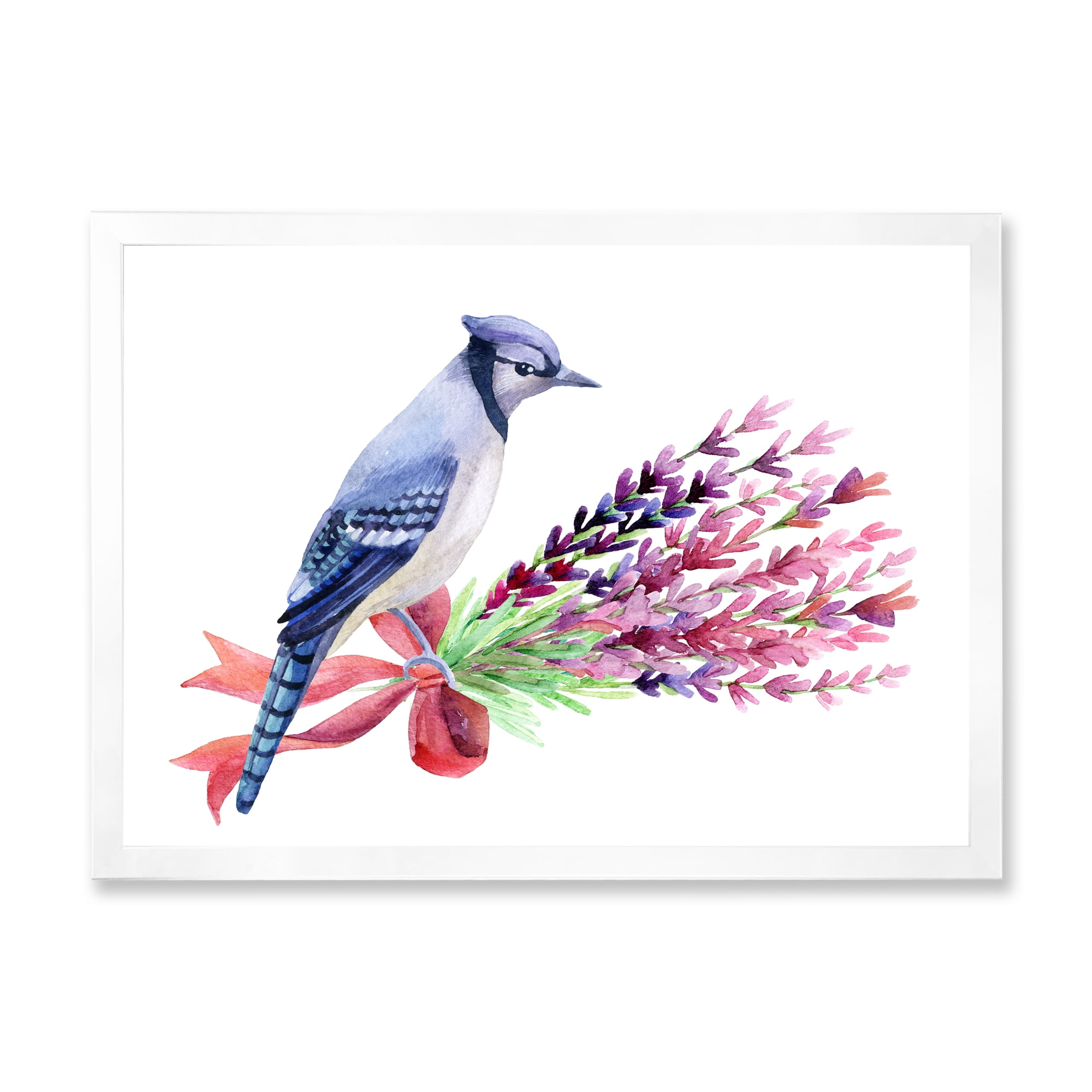 Designart 'Blue Jay Bird On Bouquet Of Pink Flowers' Traditional Framed Art Print
