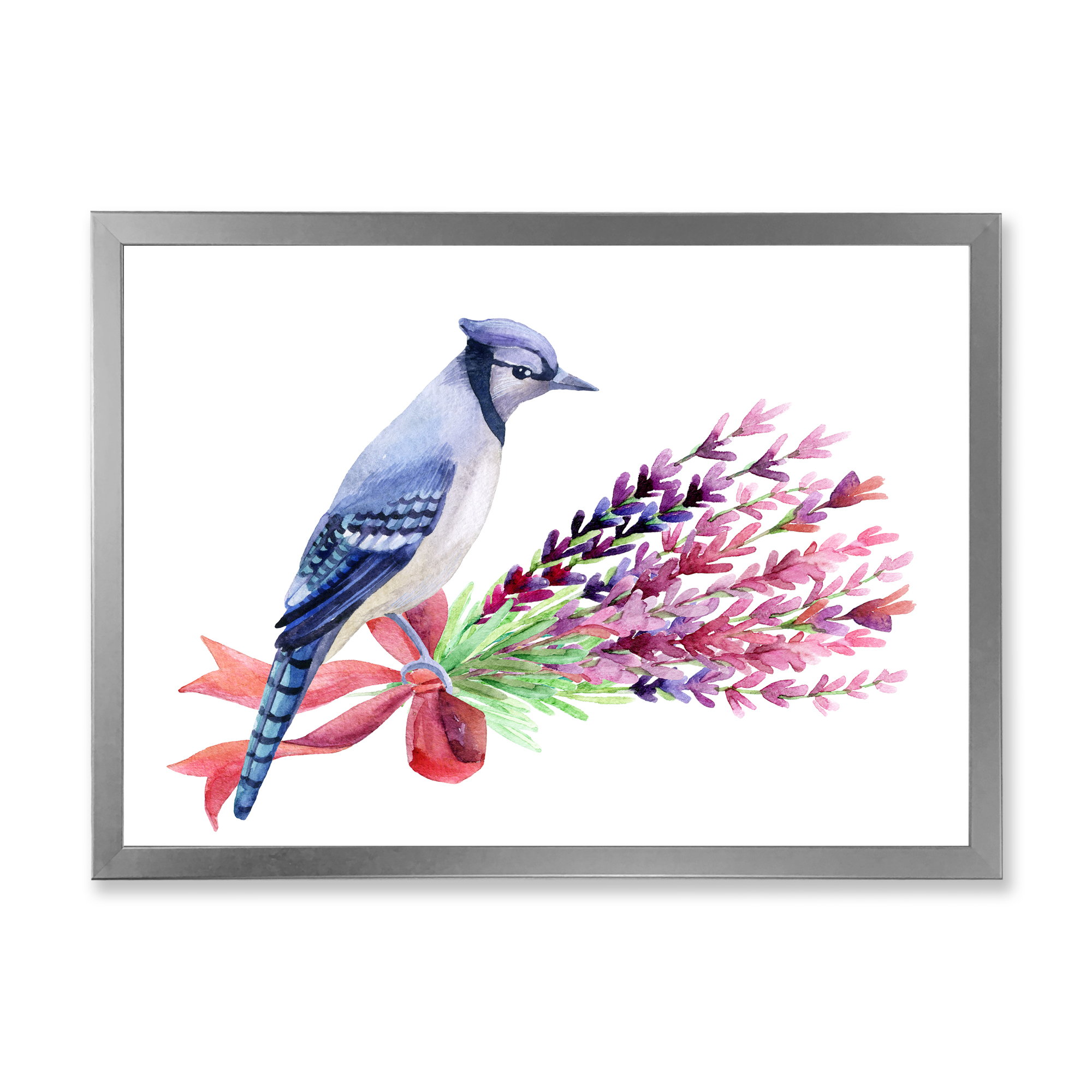 Designart 'Blue Jay Bird On Bouquet Of Pink Flowers' Traditional Framed Art Print