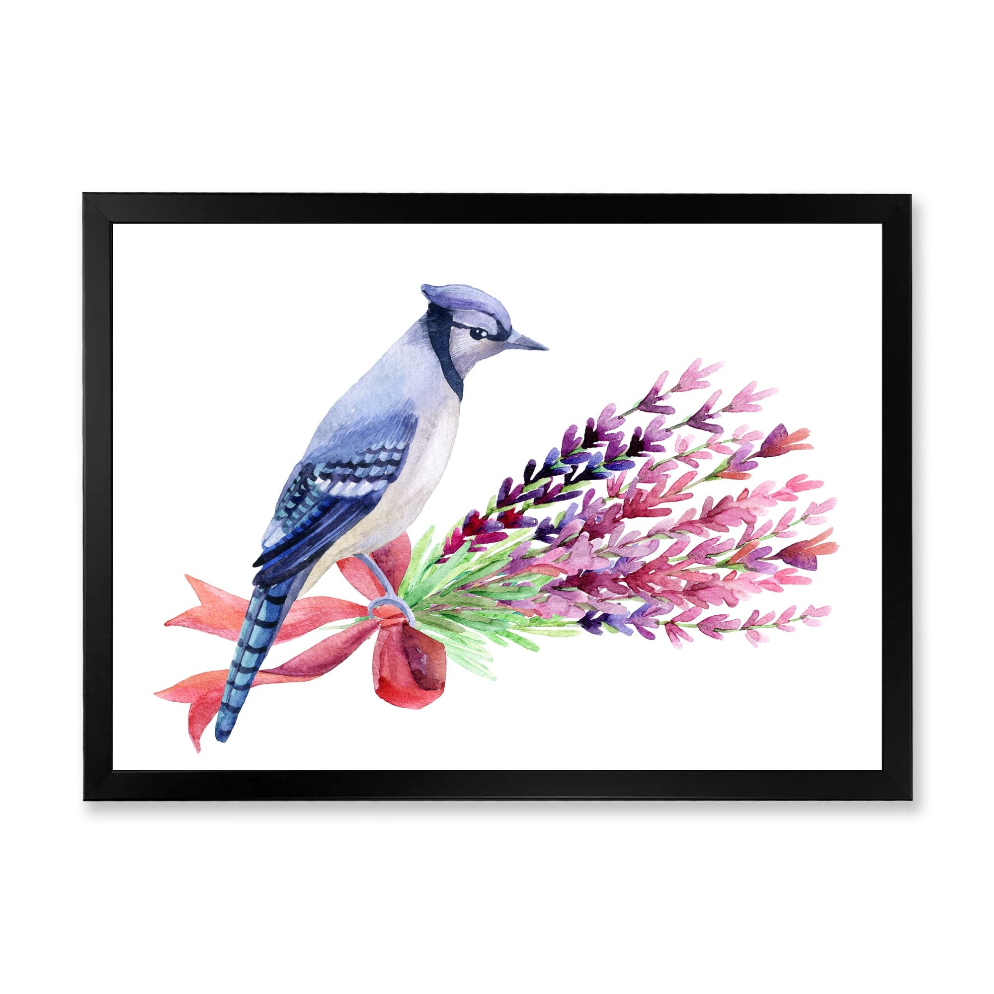 Designart 'Blue Jay Bird On Bouquet Of Pink Flowers' Traditional Framed Art Print