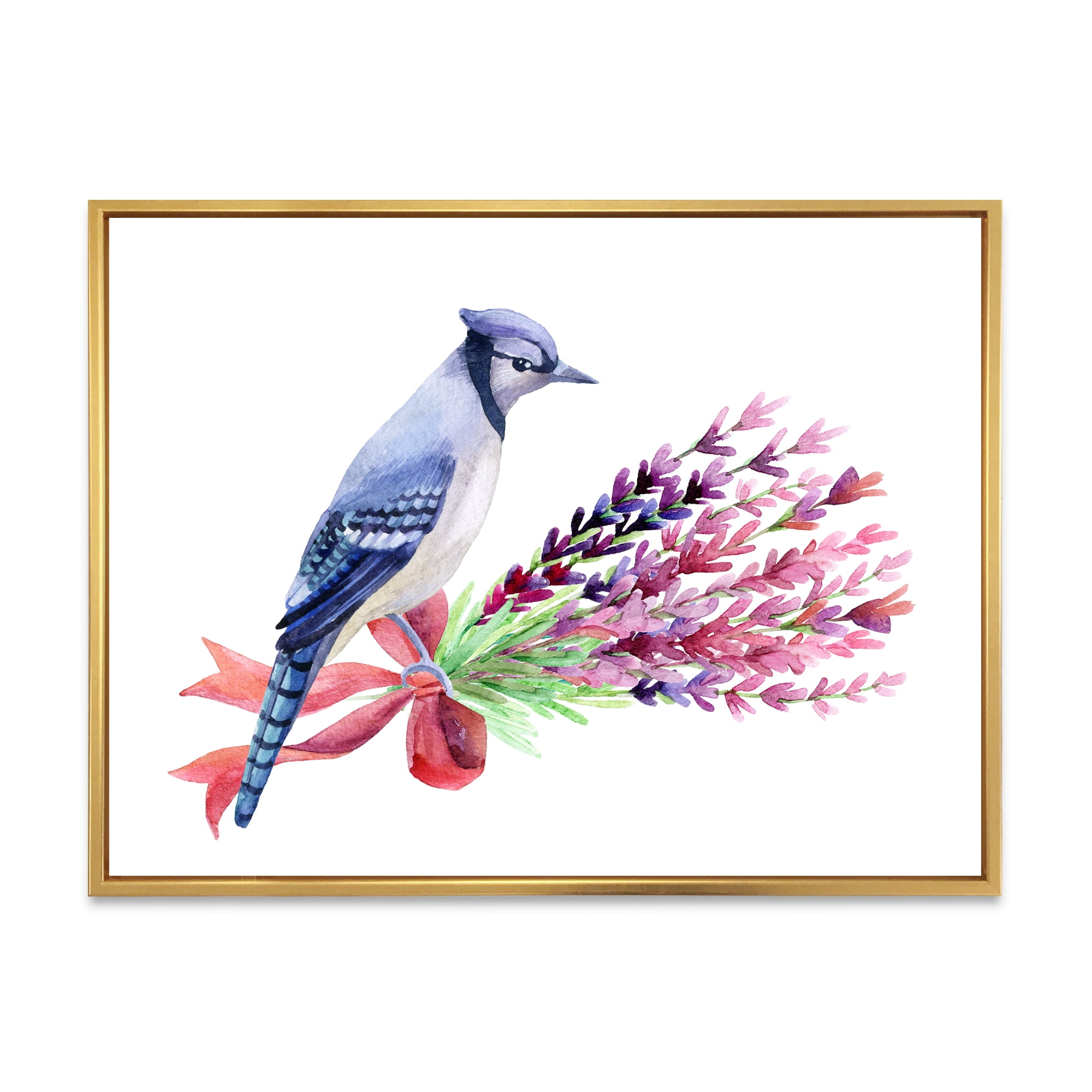 Designart 'Blue Jay Bird On Bouquet Of Pink Flowers' Traditional Framed Canvas Wall Art Print