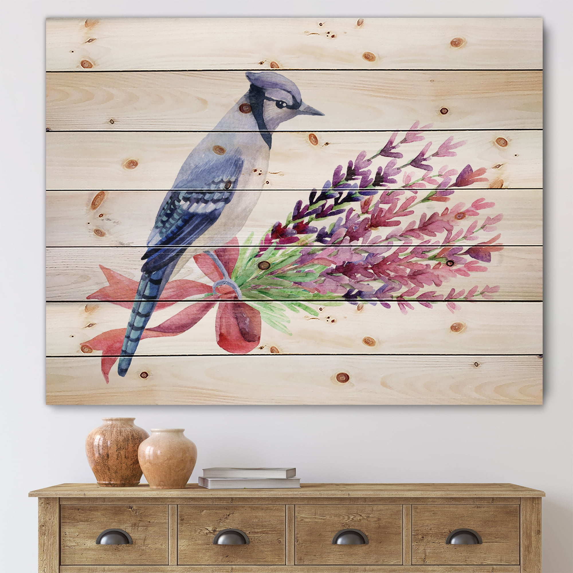 Designart 'Blue Jay Bird On Bouquet Of Pink Flowers' Traditional Print on Natural Pine Wood