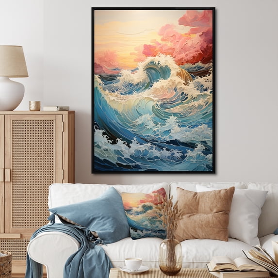 Designart "Blue Kinetic Waves II" Nautical & Beach Floater Framed Wall Art Living Room