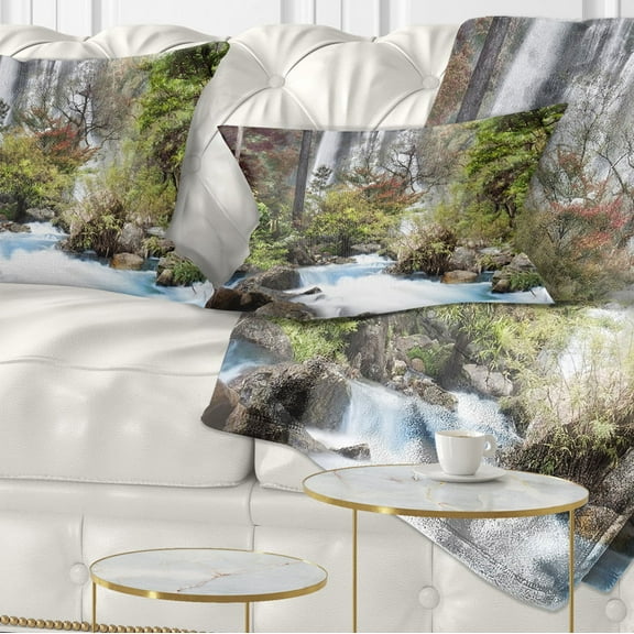 Designart Blue Klonglan Waterfall - Photography Throw Pillow - 12x20