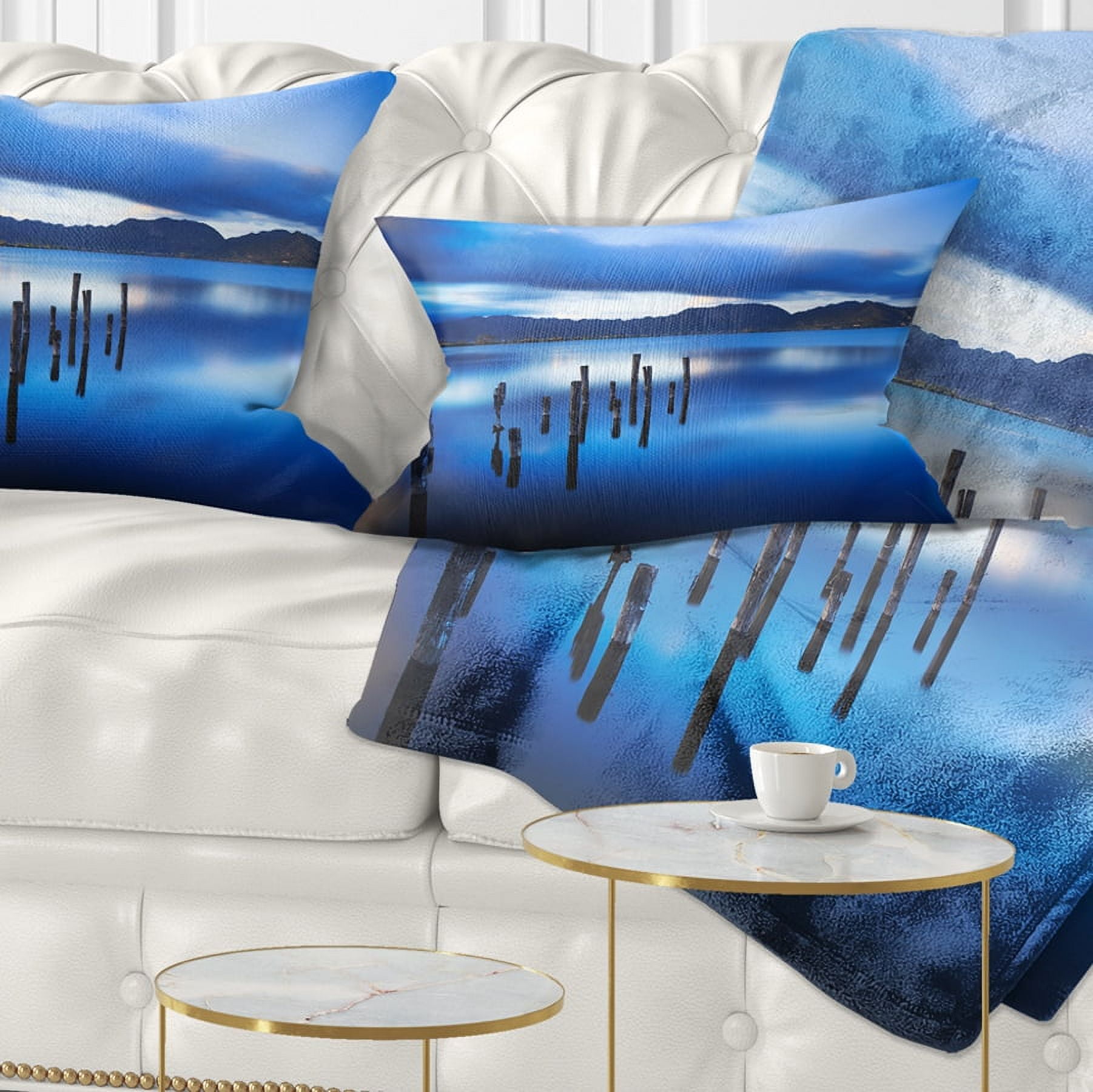 Designart Blue Lake Sunset with Pier - Landscape Photography Throw Pillow - 12x20