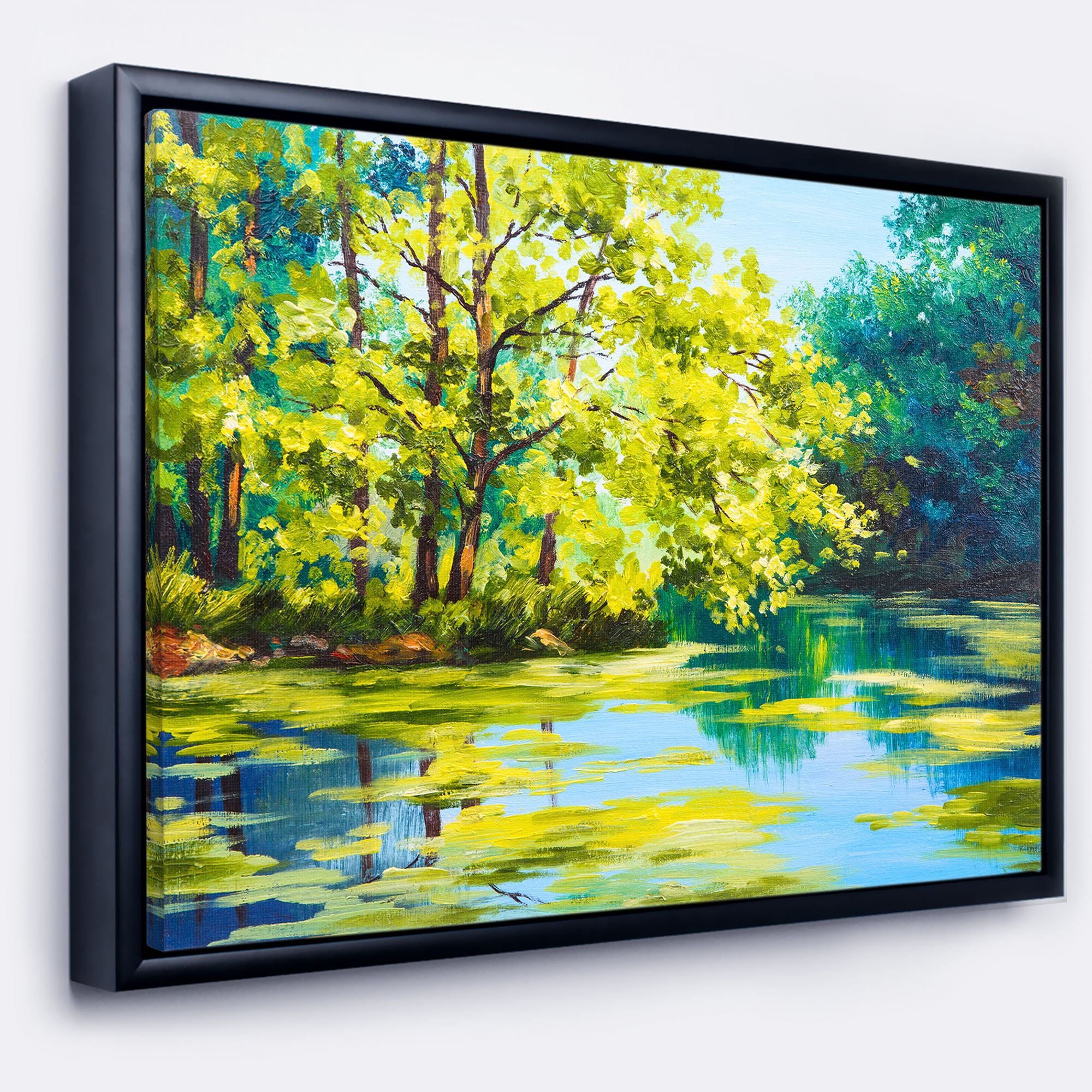 Designart ' Blue Lake Under Green Tree ' Landscape Painting Framed Canvas Print