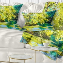 Designart Blue Lake Under Green Tree - Landscape Painting Throw Pillow - 12x20