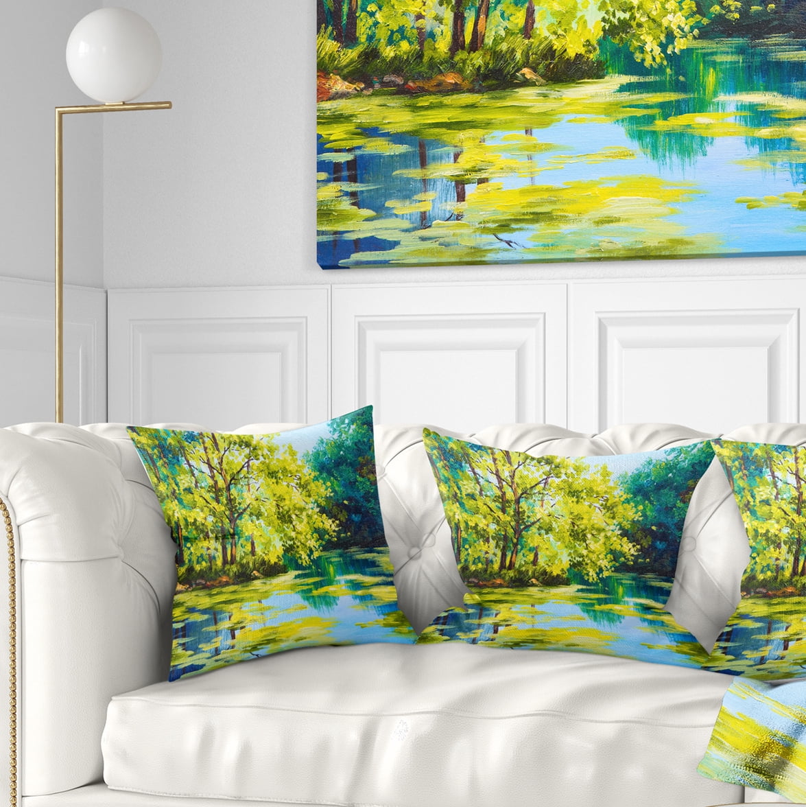 Designart Blue Lake Under Green Tree - Landscape Painting Throw Pillow - 16x16