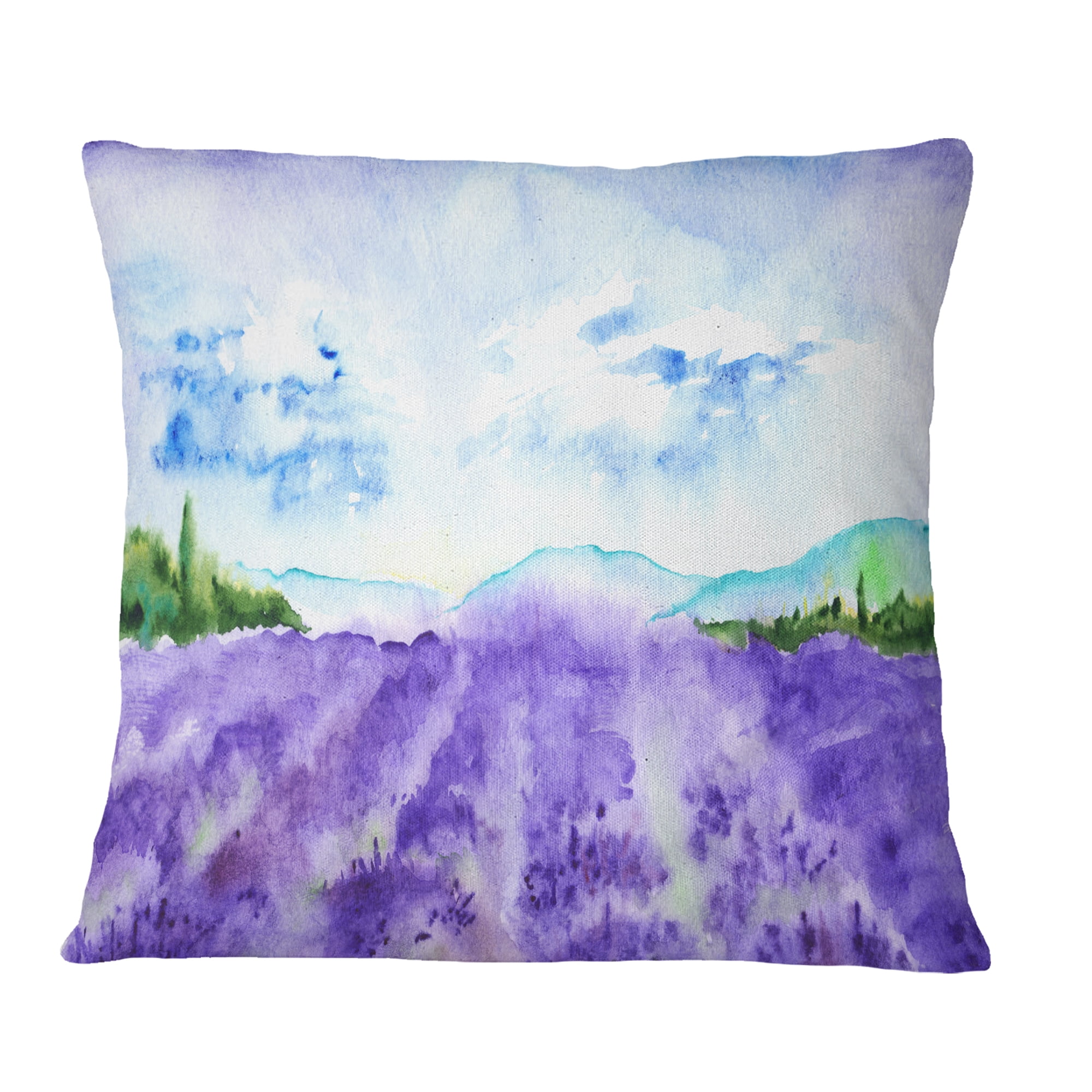 Designart Blue Lavender Fields Watercolor - Landscape Printed Throw Pillow - 18x18