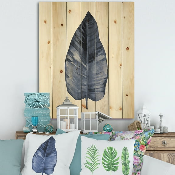 Designart 'Blue Leaf Watercolour On White Background' Traditional Print on Natural Pine Wood