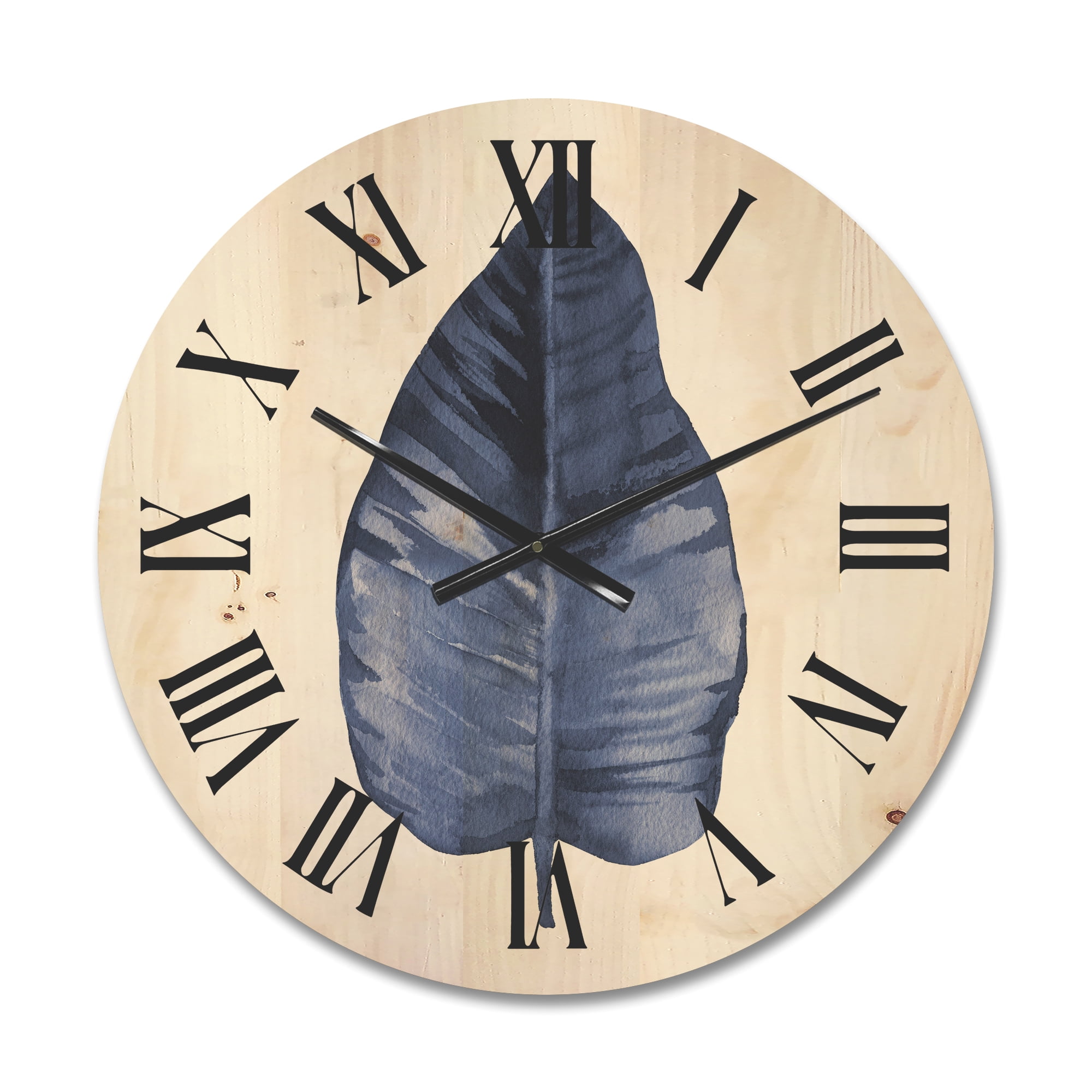 Designart 'Blue Leaf Watercolour On White Background' Traditional Wood Wall Clock