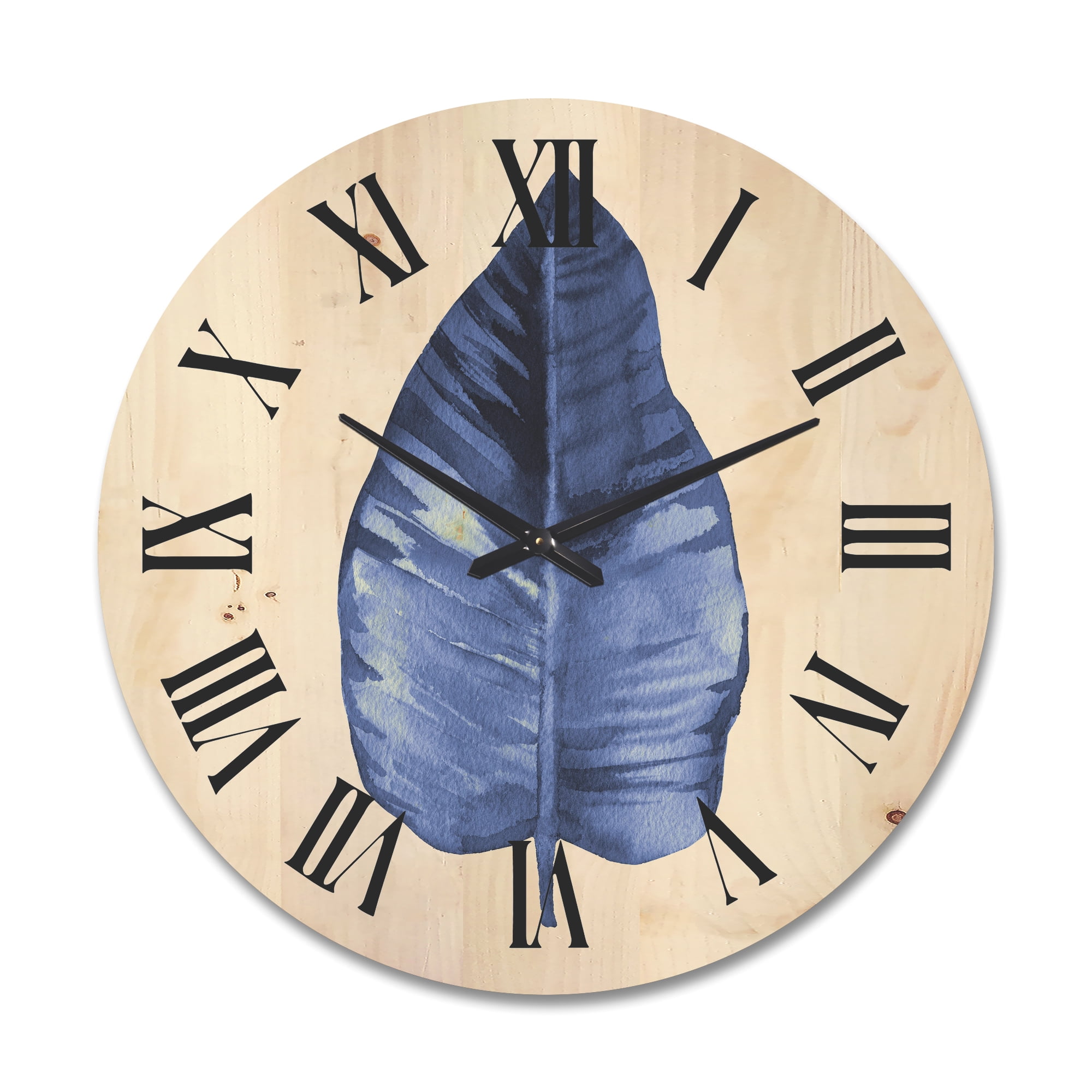 Designart 'Blue Leaf Watercolour On White Background' Traditional Wood Wall Clock