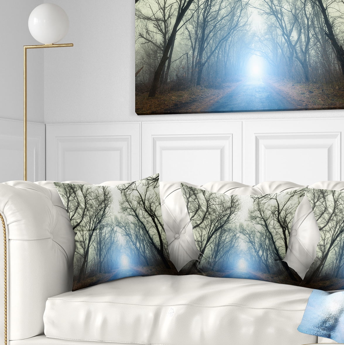 Designart Blue Light in Foggy Autumn - Landscape Photo Throw Pillow - 16x16