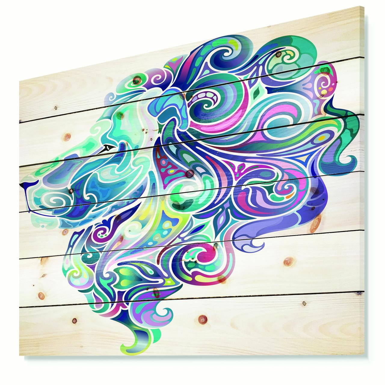 Designart 'Blue Lion Abstract Art' Animal Print on Natural Pine Wood