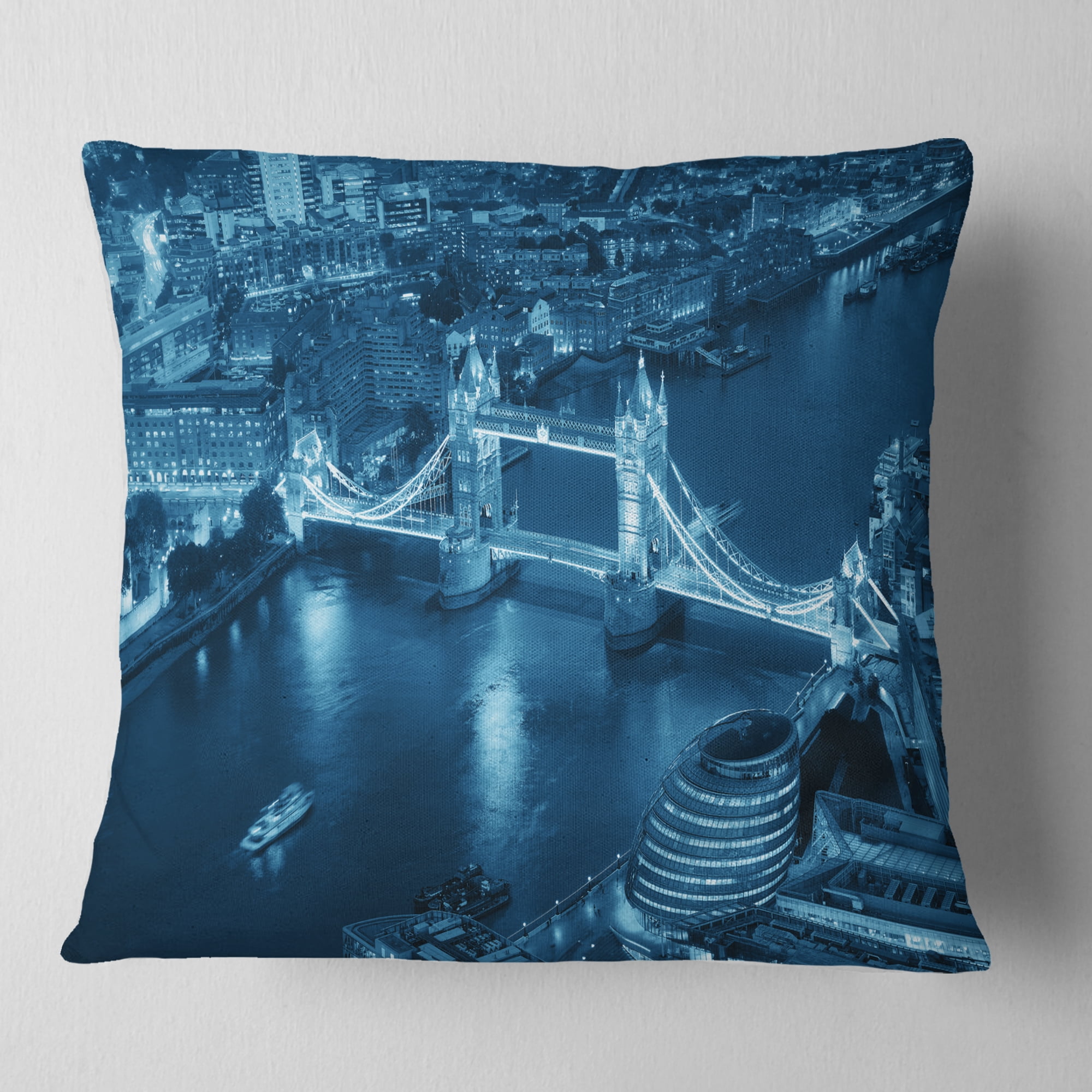 Designart Blue London Night Aerial View - Cityscape Throw Pillow - 18x18