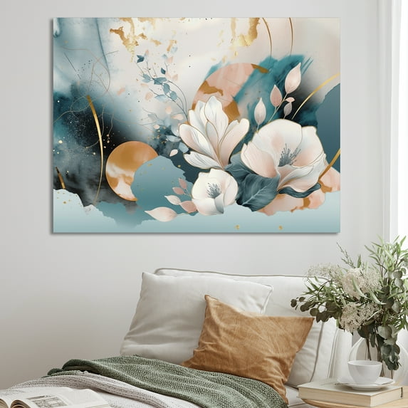 Designart "Blue Marble Gold Floral Impressions I" Floral Wall Decor