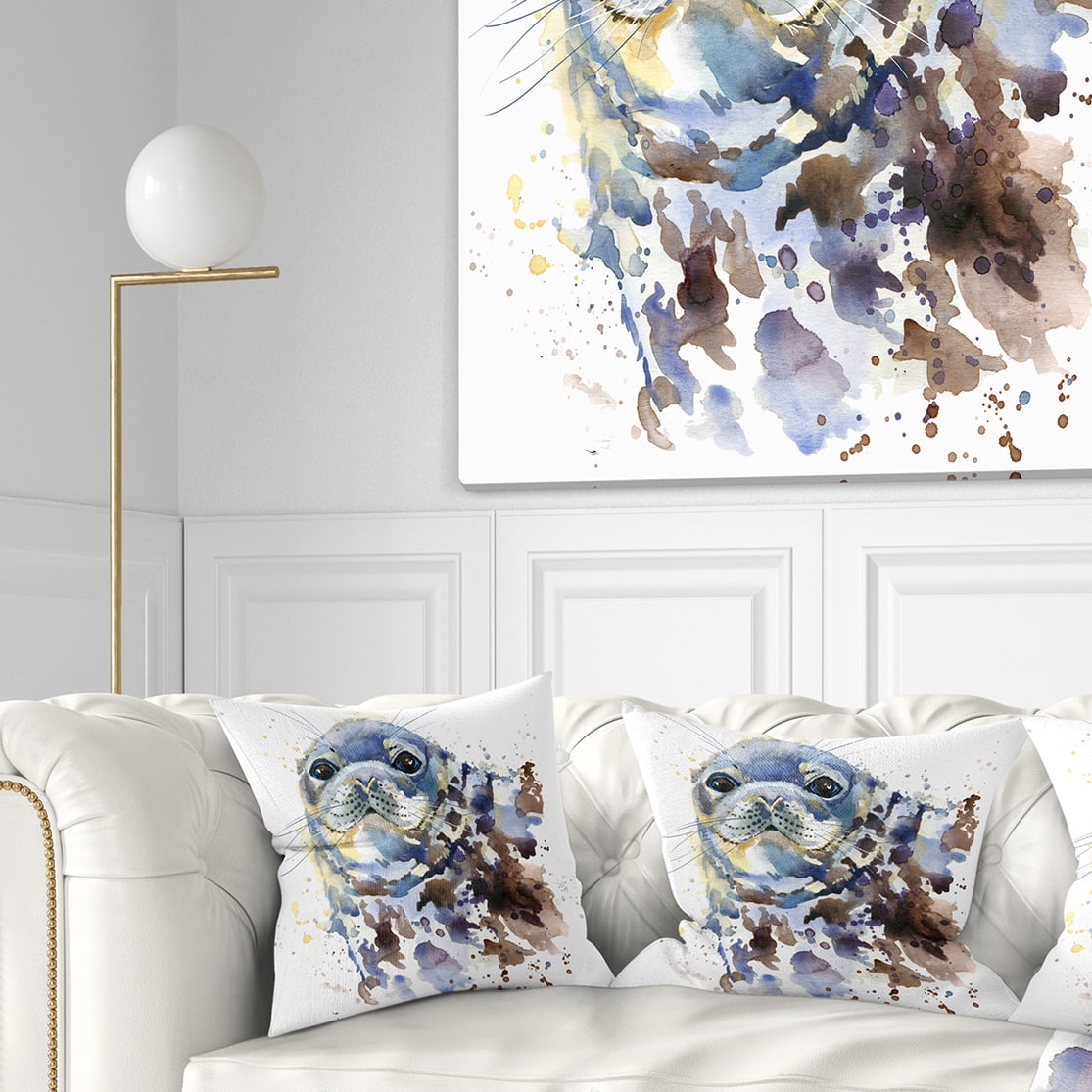 Designart Blue Marine Seal Watercolor - Contemporary Animal Throw Pillow - 16x16