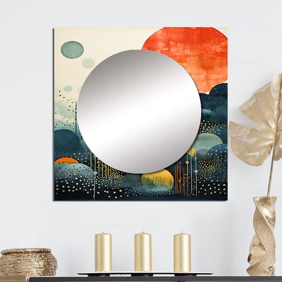Designart "Blue Mid Century Abstract Horizon" Abstract Square Mirror Wall Decor Mid-Century - Large Blue Square Bathroom Mirror - Square Printed Wall Mirror Art