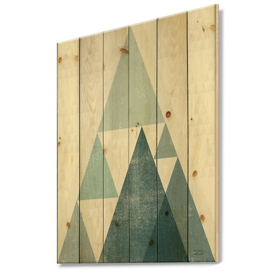 Designart 'Blue Minimal Triangles III' Mid-Century Modern Print on Natural Pine Wood