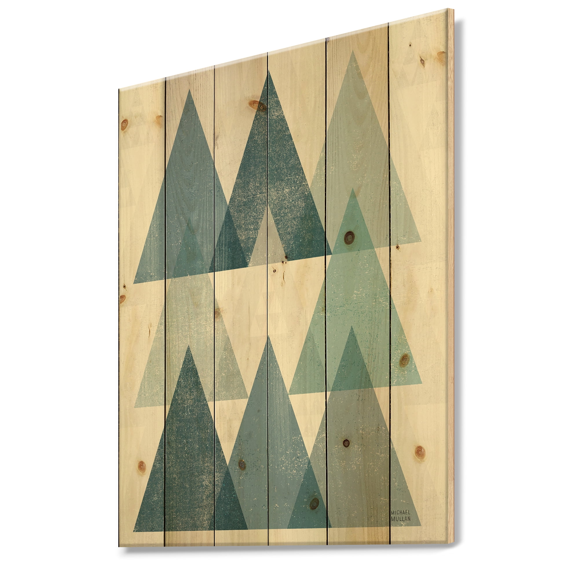 Designart 'Blue Minimal Triangles IV' Mid-Century Modern Print on Natural Pine Wood