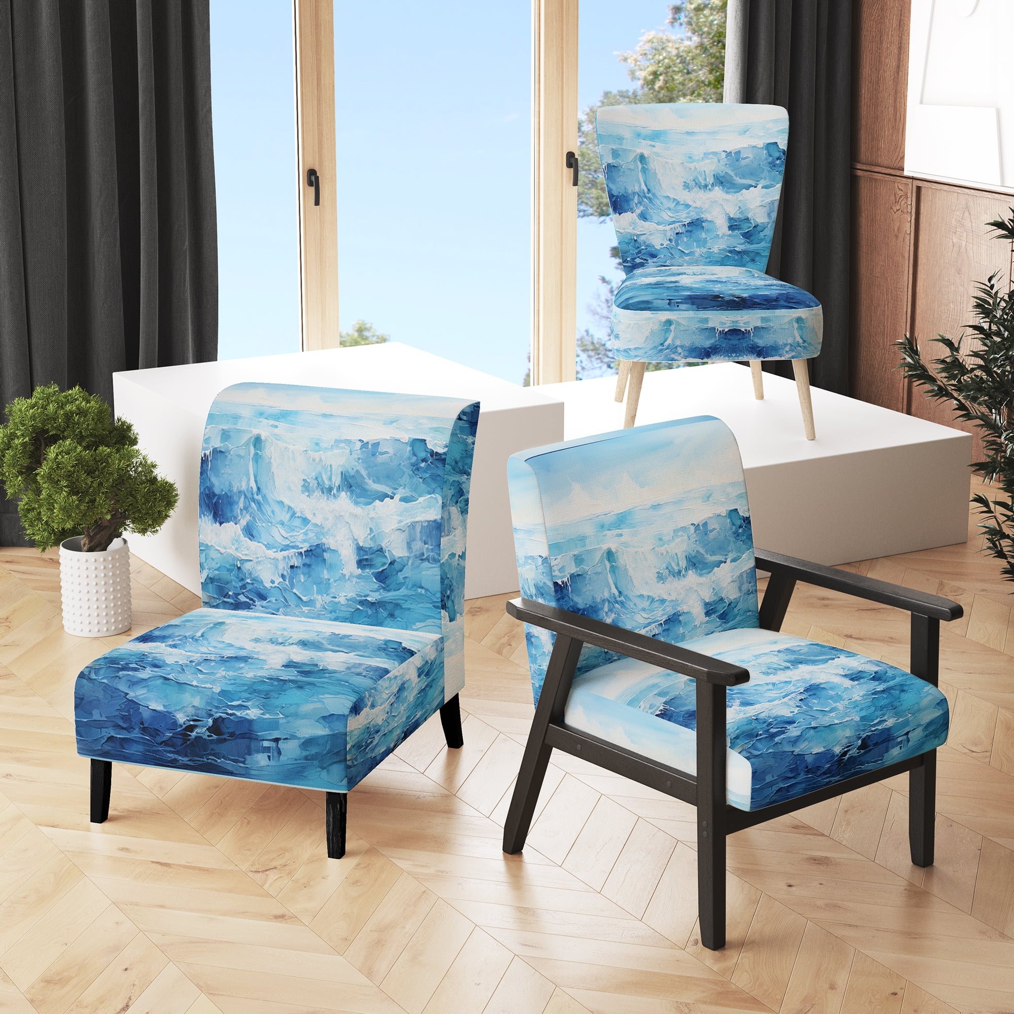 Designart "Blue Minimalism Coastal Wave" Upholstered Nautical & Coastal ...