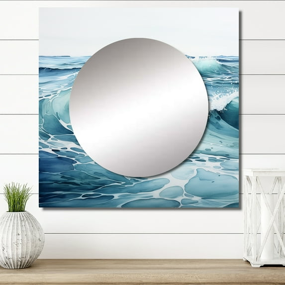 Designart "Blue Minimalism Tranquil Waters" Nautical & Beach Teal Large Square Mirror - Square Bedroom Mirror Printed Wall Decor - Coastal Square Printed Wall Mirror Art