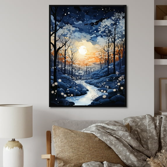 Designart "Blue Monochrome Forest Winter wall art" Landscape & Nature Floater Framed Canvas Art Print