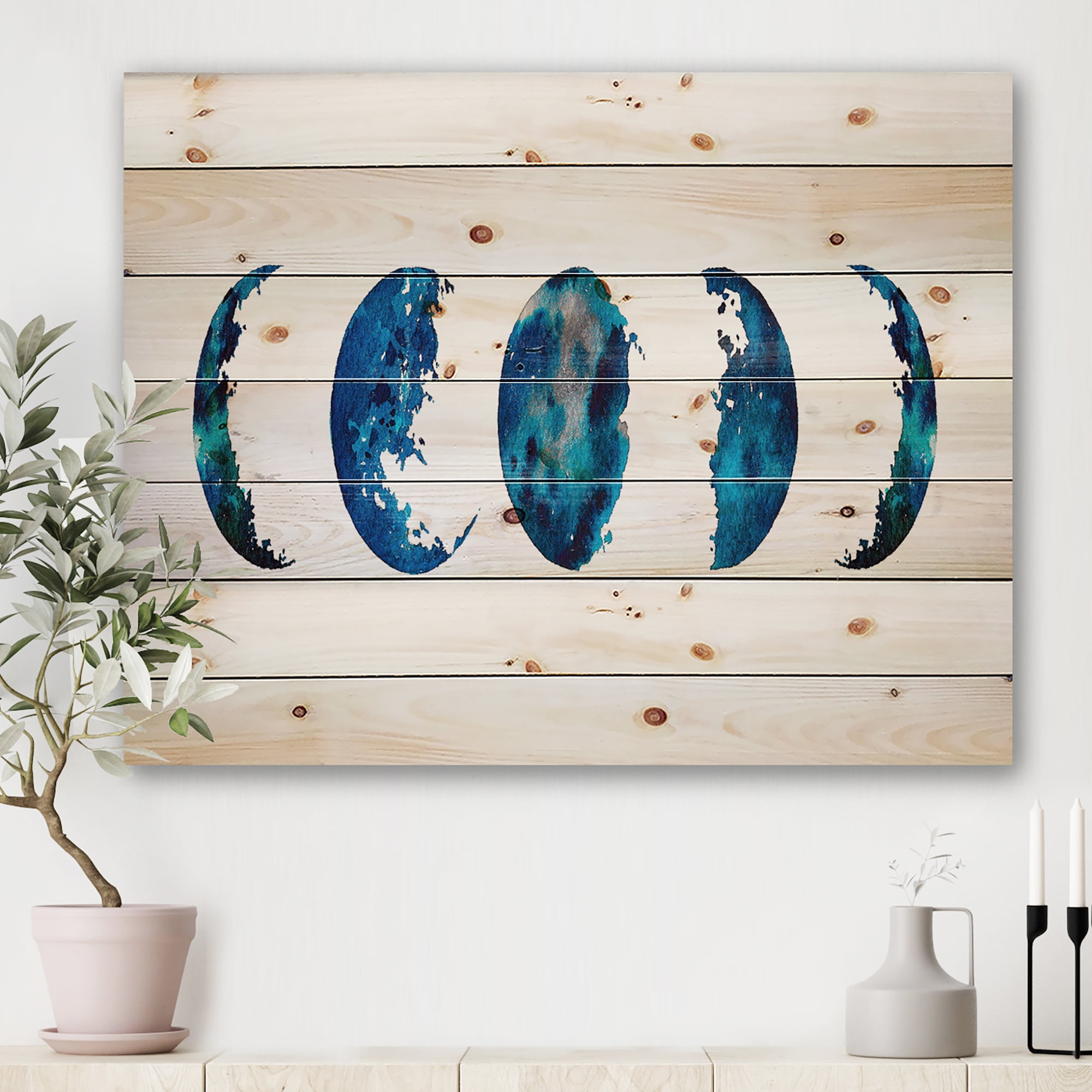 Designart 'Blue Moon Different Phases' Bohemian & Eclectic Print on Natural Pine Wood