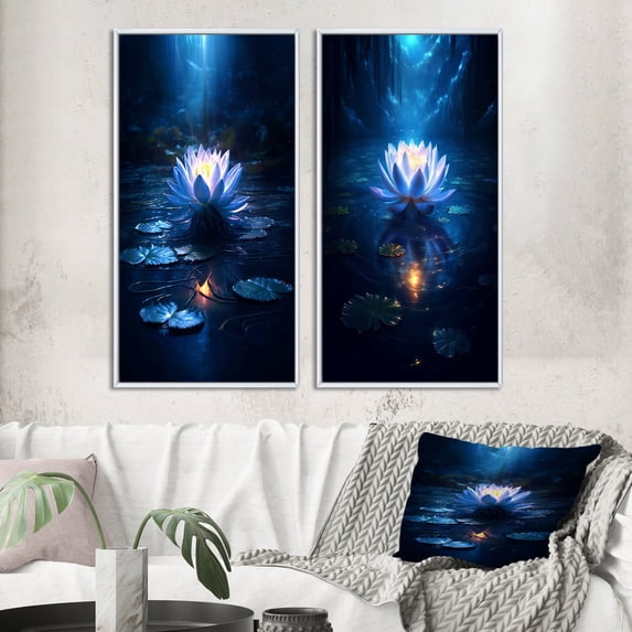 Designart "Blue Moon Pond White Lotus Blossoming I" Lotus Framed Wall Art Set Of 2 - Modern Blue Framed Wall Art Set Of 2