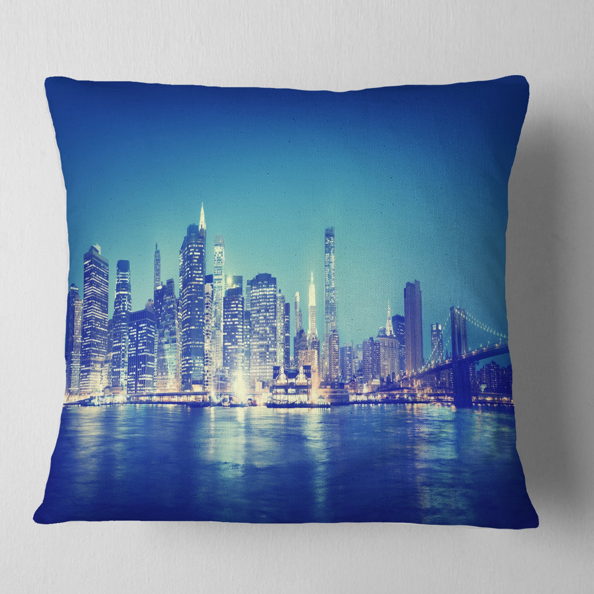 Designart Blue New York City at Night Panorama - Cityscape Throw Pillow - 16x16