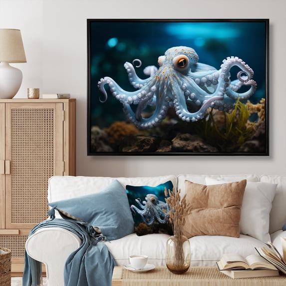 Designart "Blue Octopus peaceful Submersion" Animals Floater Framed Canvas Art Print