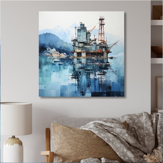 Designart "Blue Oil Rigs landscapes Industrial I" Oil Rigs / Fields Canvas Print