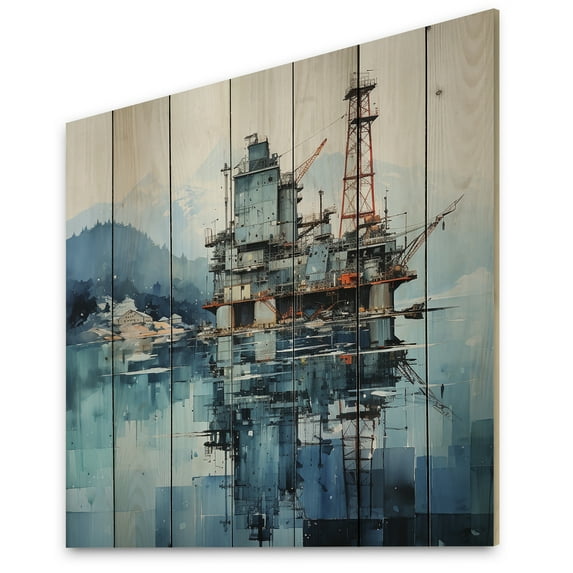 Designart "Blue Oil Rigs landscapes Industrial I" Oil Rigs / Fields Print on Natural Pine Wood